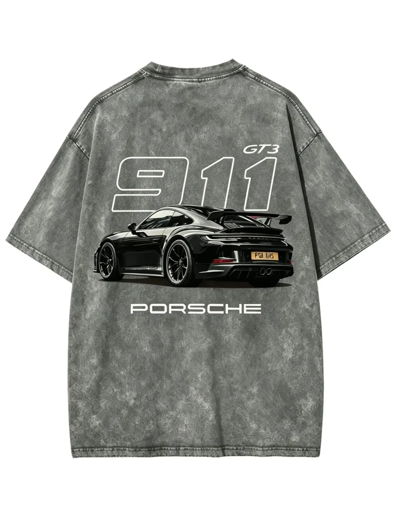 [BT] Racing Tshirt Unisex Fit Washed Cotton T-Shirt HG Oversize Menswear Tops Streetwear Round Neck shirt, Heavyweight Vintage Washed Grey Porsch 91 Graphic T-Shirt,Retro German Supercar Track Day Streetwear Tee Casual Graphic Top Shortsleeve Crewneck Tee