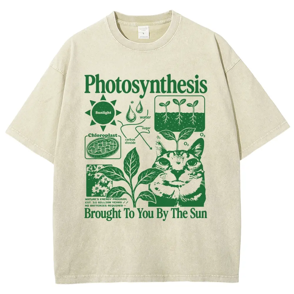 Photosynthesis Cat Shirt, Funny Science Cat Tee, HG Plant Lover Gift Unisex Graphict Washed T-Shirt Personalized Pattern Y2k Clothing Round Neck Washed T-Shirt,Women's Clothing 100% Cotton, Menswear, Top, Vintage Style,Summer Casual Oversized,sohochic