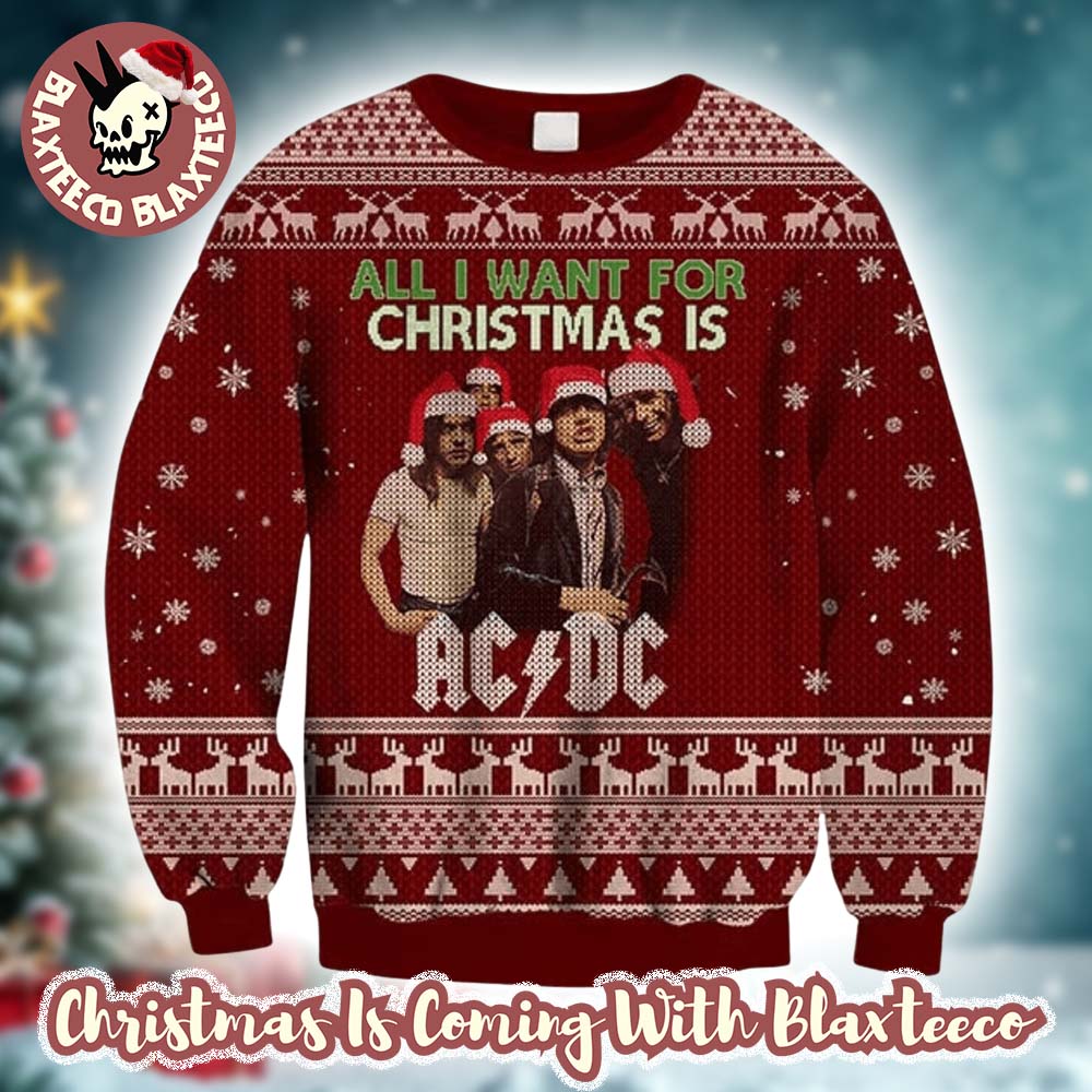 ACDC All I Want For Christmas Is ACDC Snowflakes And Reindeer Pattern Christmas Ugly Sweater HG