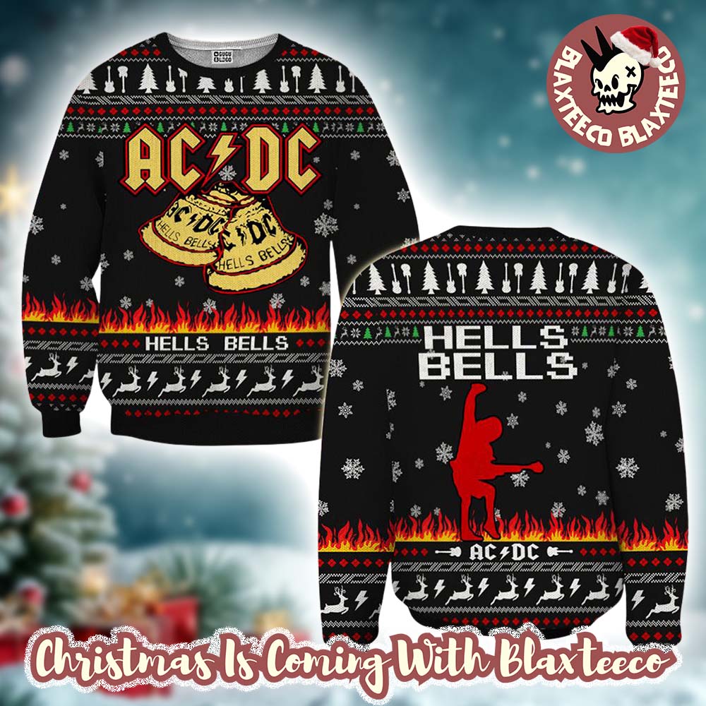 ACDC Angus Young Hells Bells With Flames And Reindeer Pattern Christmas Ugly Sweater HG