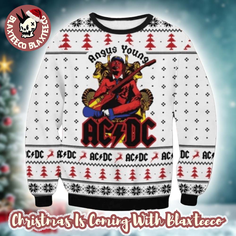 ACDC Angus Young In Throne Snowflakes Pattern Knitted White Ugly Christmas Sweater HG