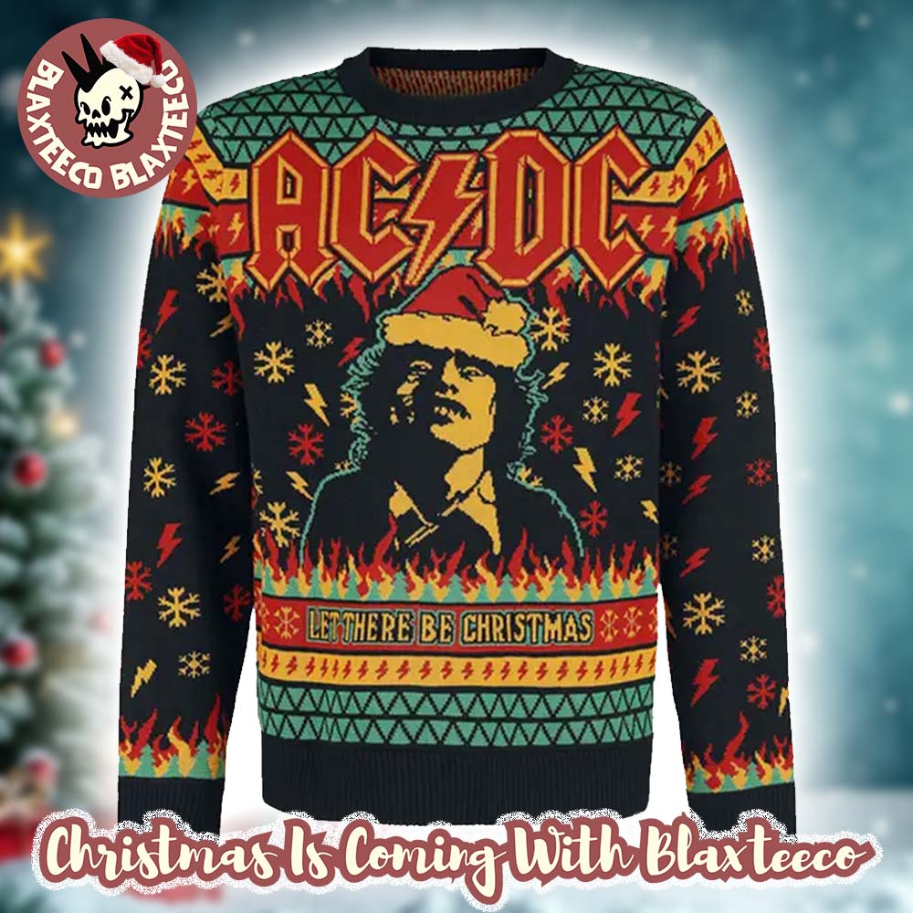 ACDC Angus Young Let There Be Christmas Thunder And Snowflakes Pattern Holiday Gift Ugly Christmas Sweater HG