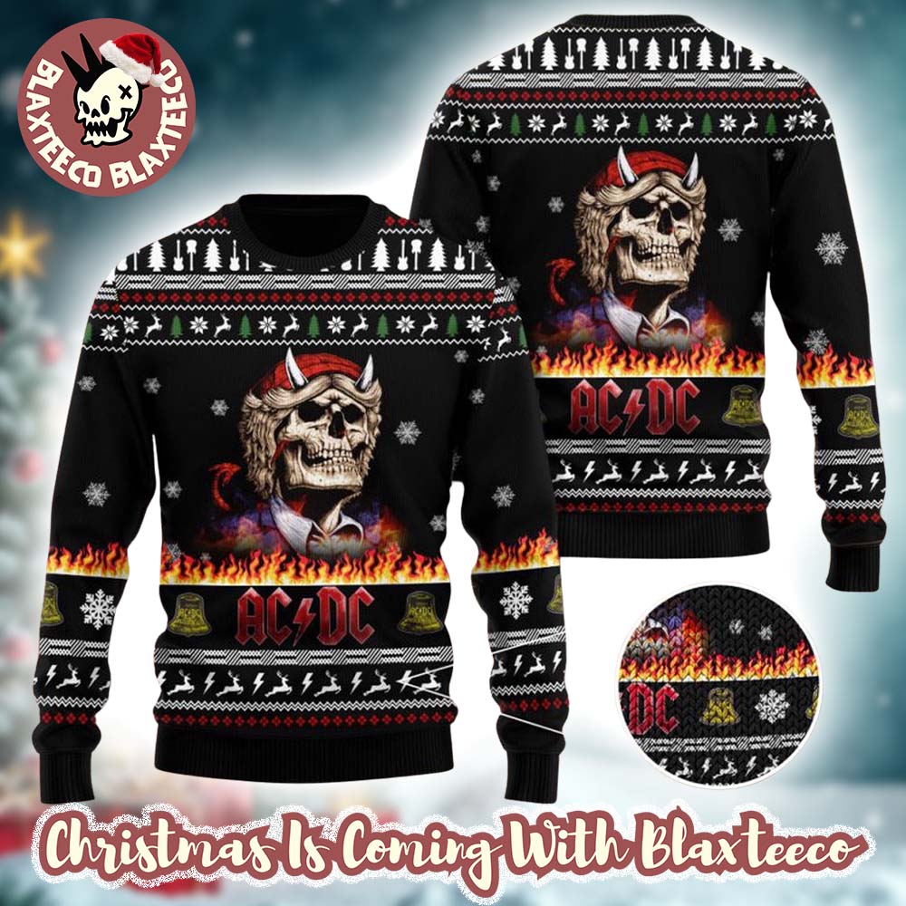 ACDC Angus Young Skeleton In Flame 2025 Knitted Black Ugly Christmas Sweater HG