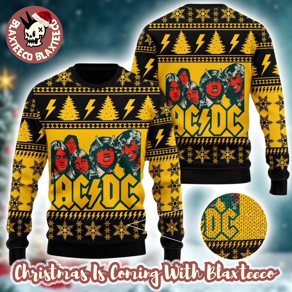 ACDC Band Funny Graphics Snowflakes And Thunder Pattern Knitted Black And Yellow Christmas Ugly Sweater HG