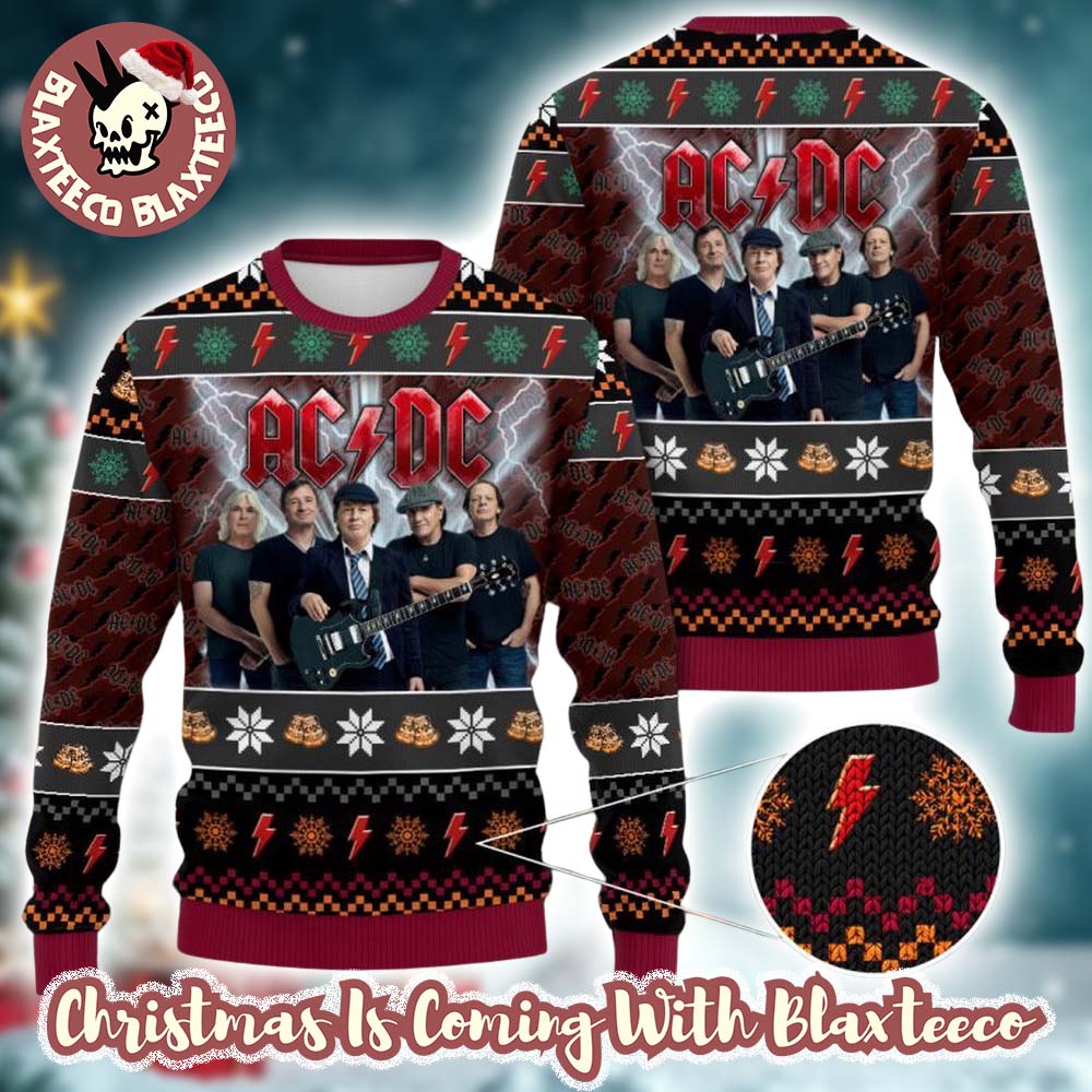 ACDC Band Members Photo Snowflakes And Thunder Logo Pattern Knitted Ugly Christmas Sweater HG