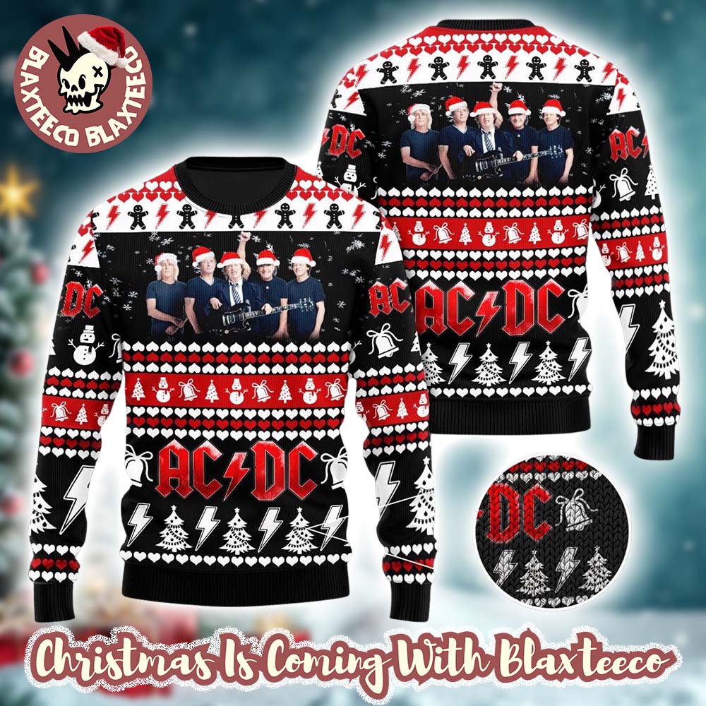 ACDC Band Members Photo With Santa Hats Holiday Christmas Ugly Sweater HG