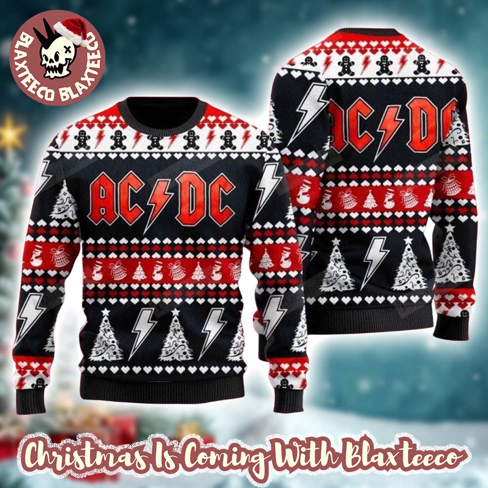 ACDC Band Signature Logo With Thunder And Xmas Tree Pattern 2025 Ugly Christmas Sweater HG