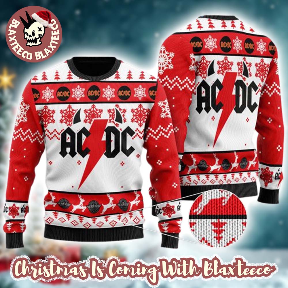 ACDC Big Logo Thunder With Horns Holiday Pattern Red And White Ugly Christmas Sweater HG