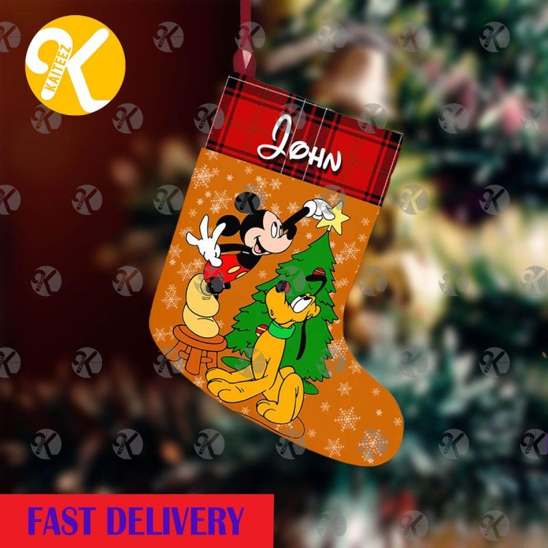 Mickey And Pluto Decorate Christmas Tree Personalized Christmas Stocking HG