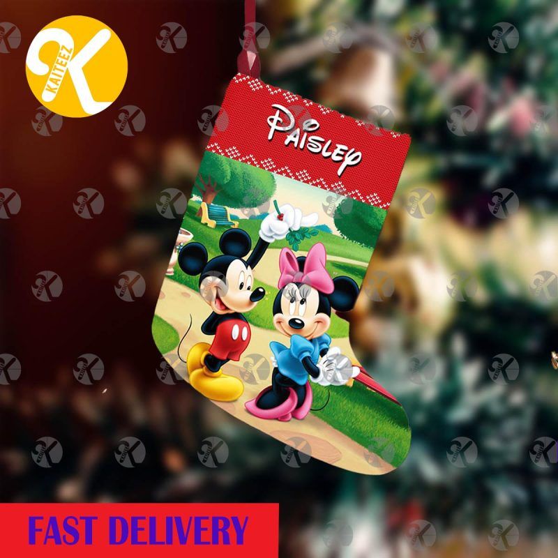 Mickey Mouse And Pluto Pattern In Green Background Christmas Stocking HG
