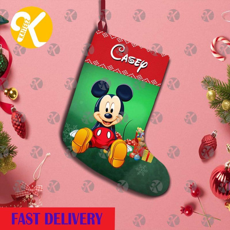 Mickey Mouse Cute In Green Background Personalized Christmas Stocking HG