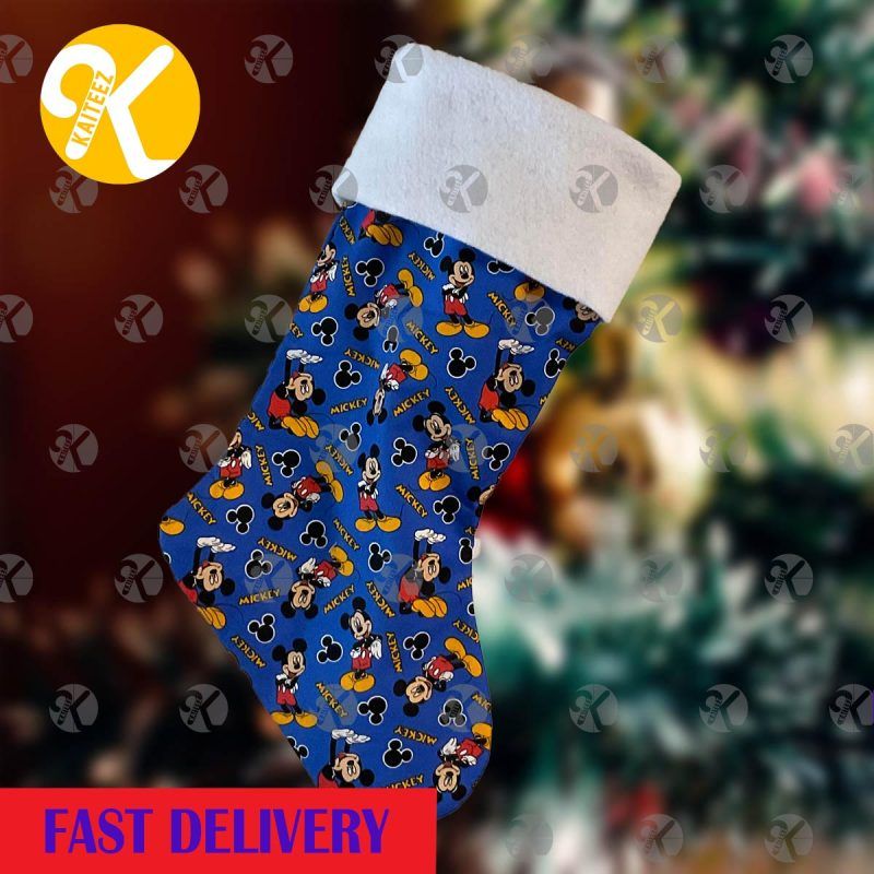 Mickey Mouse Cute Pattern In Blue Background Custom Name Christmas Stocking HG