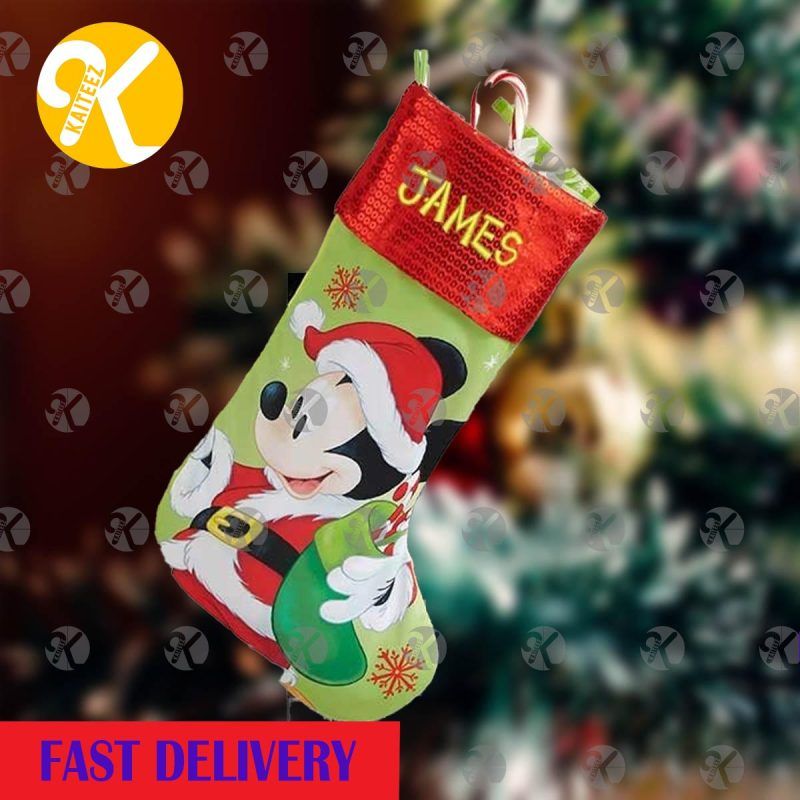 Mickey Mouse Holding Stocking In Red And Green Personalized Christmas Stocking HG
