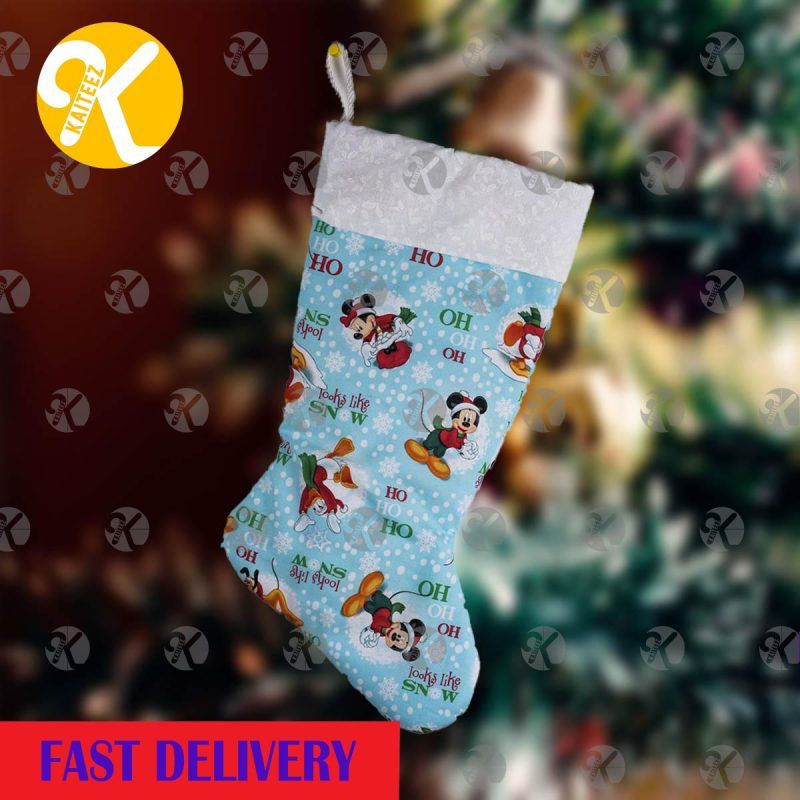 Mickey Mouse Pattern Playing Under The Snow Background Christmas Stocking HG
