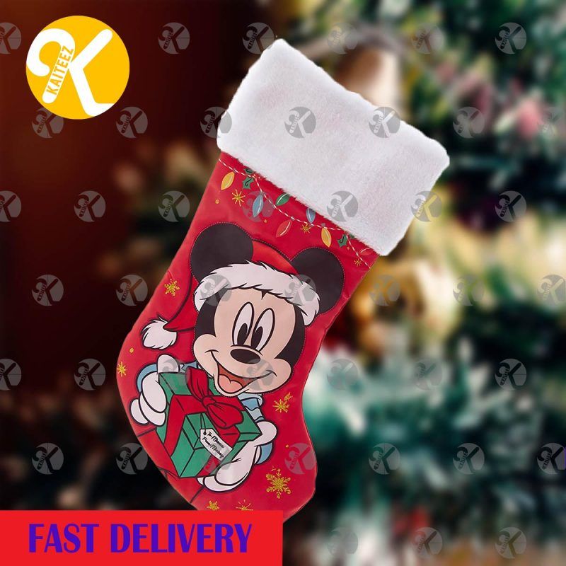 Mickey Mouse Santa Holding Presents In Red Background Christmas Stocking HG
