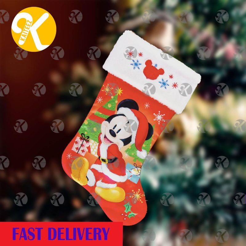 Mickey Mouse Santa With Present In Red Background Christmas Stocking HG