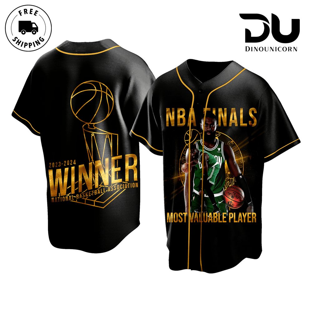 NBA Boston Celtics Champions Jaylen Brown 7 Most Valuable Player Baseball Jersey NNA In Black - Image 2