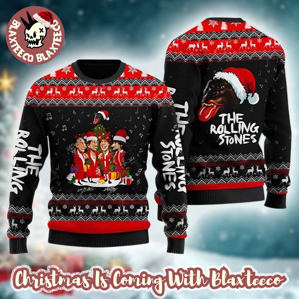 Rolling Stones Band Members Caricatures Monkey Santa Funny Ugly Christmas Sweater HG