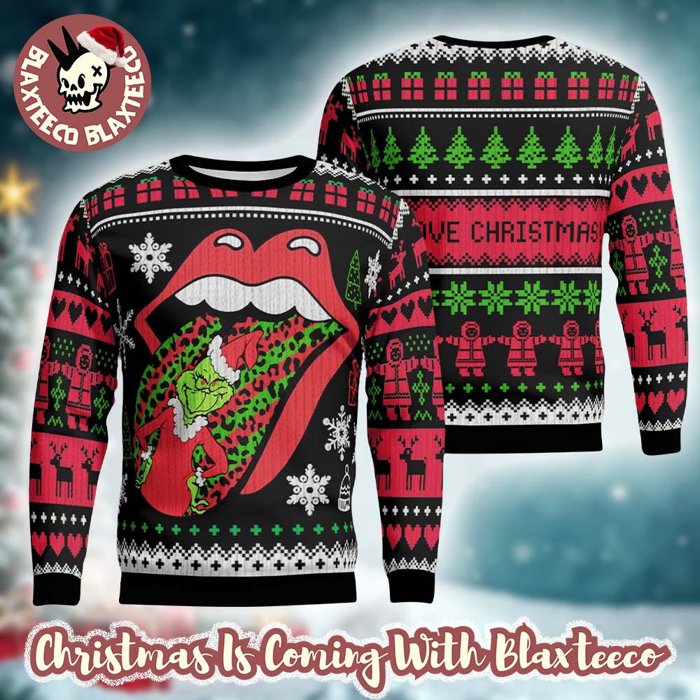 Rolling Stones Big Logo With Grinch Stole The Tongue Funny Ugly Christmas Sweater HG