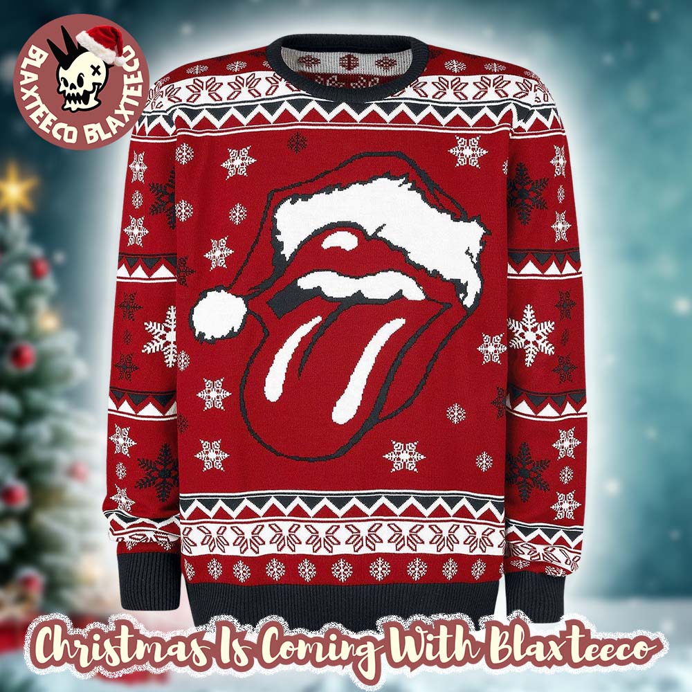 Rolling Stones Big Santa Tongue Logo With Snowy Pattern Knitted Retro Red Ugly Christmas Sweater HG