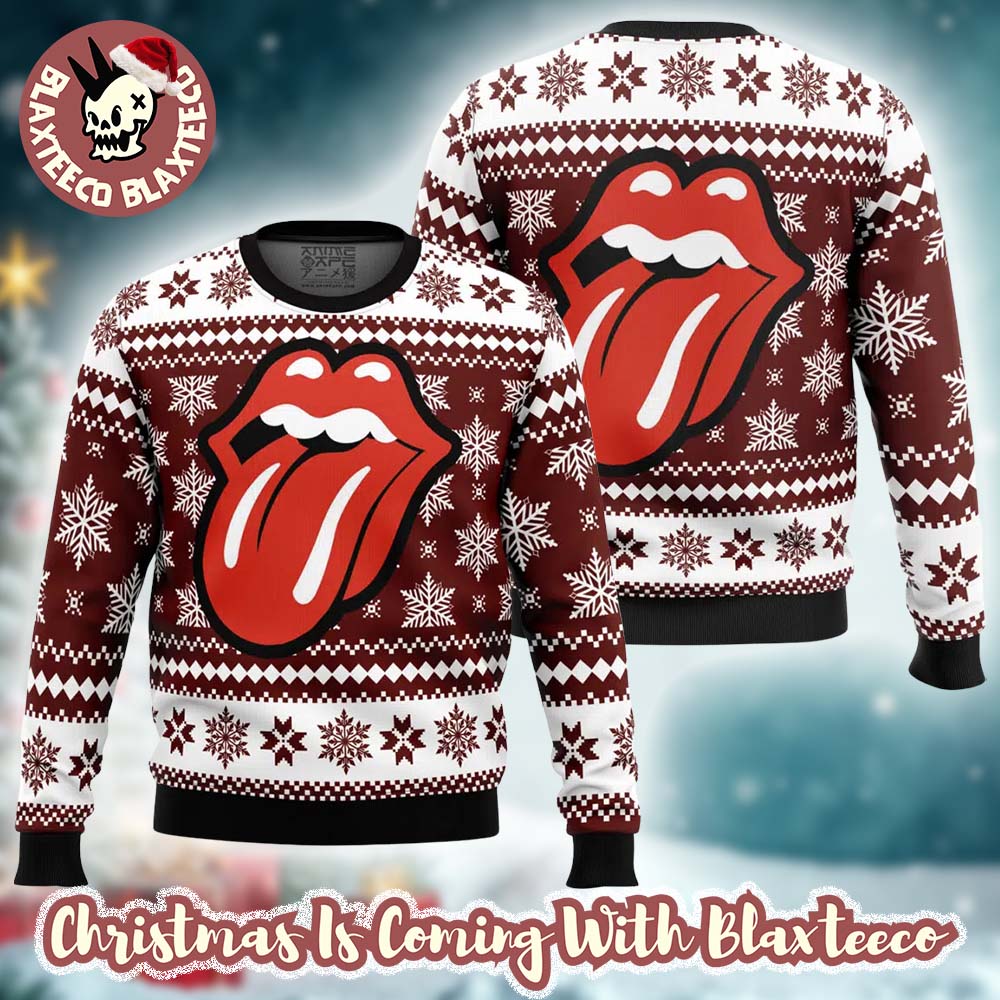 Rolling Stones Big Tongue Logo With Snowflakes Pattern Ugly Christmas Sweater HG