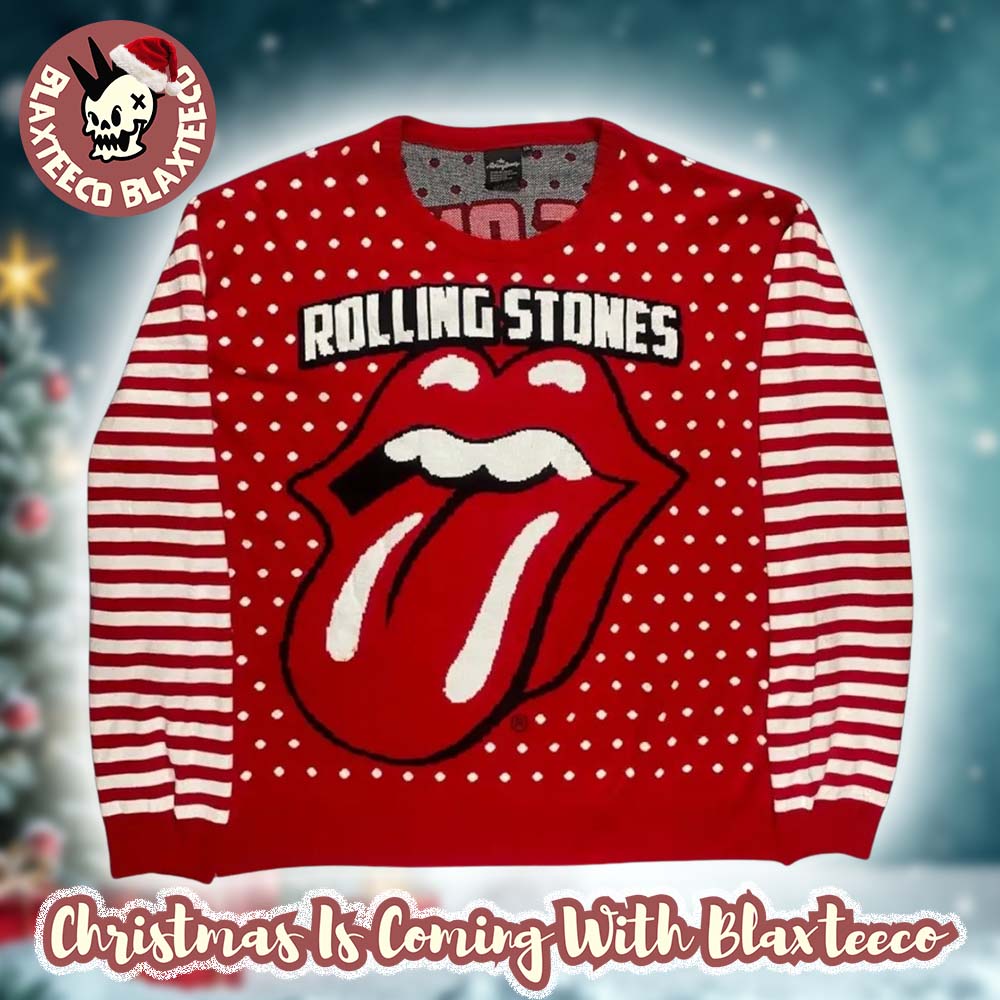 Rolling Stones Big Tongue Signature Logo Polka Dot Pattern Holiday Red Knitted Ugly Christmas Sweater HG