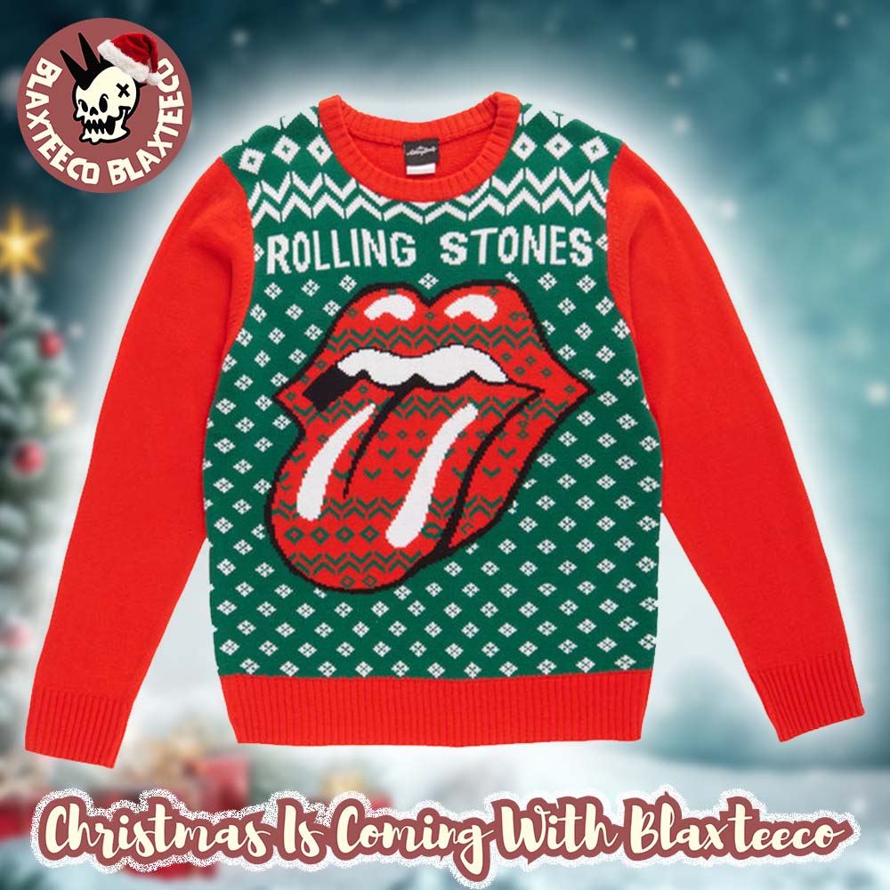 Rolling Stones Gile Style Big Tounge Logo With Green And Snowflakes Holiday Vibe Knitted Red Christmas Ugly Sweater HG