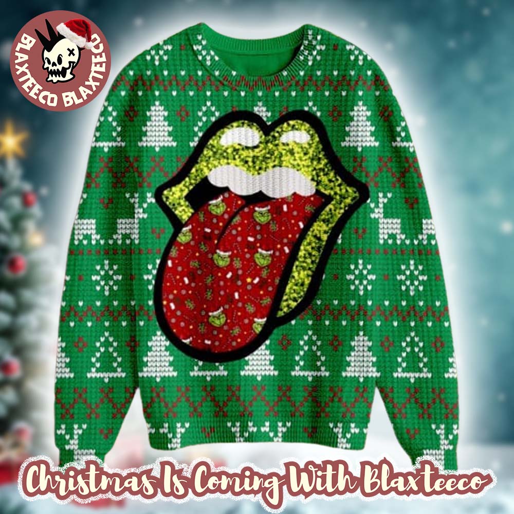Rolling Stones Grinch Pattern In Tongue With Green Lips Funny Signature Logo Ugly Christmas Sweater HG