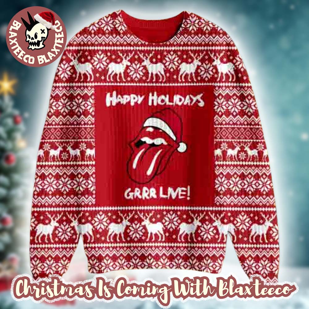Rolling Stones Happy Holidays Grrr Live Reindeer Pattern Knitted Holiday Red Ugly Christmas Sweater HG