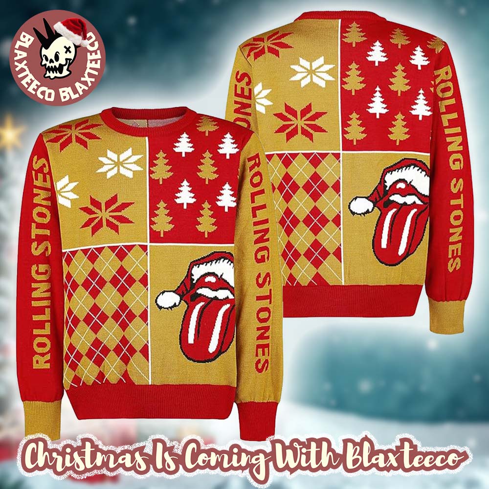Rolling Stones Holiday Logo With Santa Hat Rhombus Pattern Sknowflakes Retro Style Red And Mustard Ugly Christmas Sweater HG