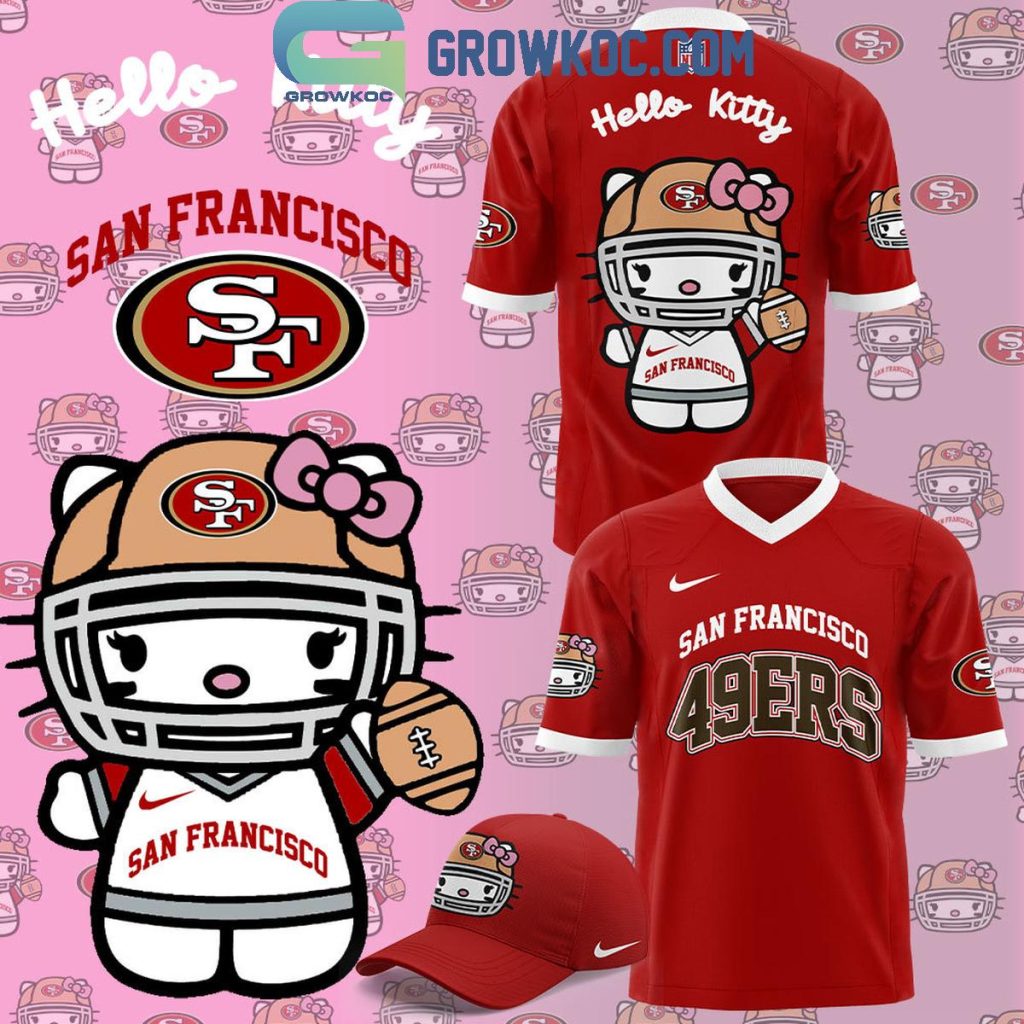 San Francisco 49ers 50th Anniversary Hello Kitty  In Red Celebrating Football Jersey, Mesh Jersey, Women Croptop Sports Shirt HFN