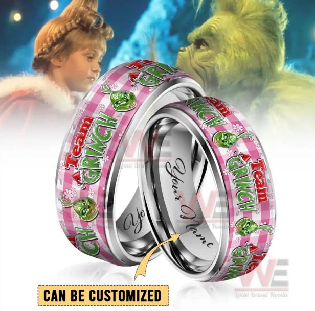 The Grinch Christmas Custom Name Laser Engraved Ring with Crystal Sticker On Outer Ring – Fan Gift Inspired Style HG
