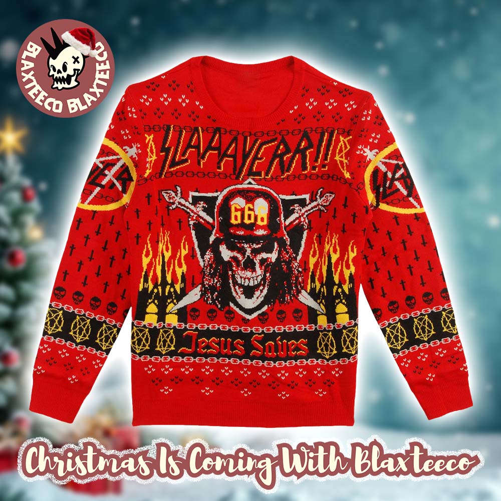 Slayer 666 Holiday Jesus Saves Fire Red Knitted Christmas Ugly Sweater HG 2025