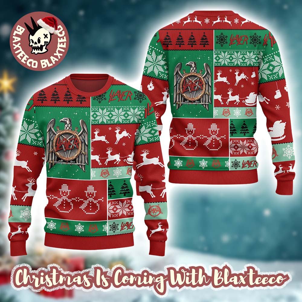 Slayer Band Eagle Logo Reindeer Pattern Checker Retro Style Holiday Ugly Xmas Sweater HG