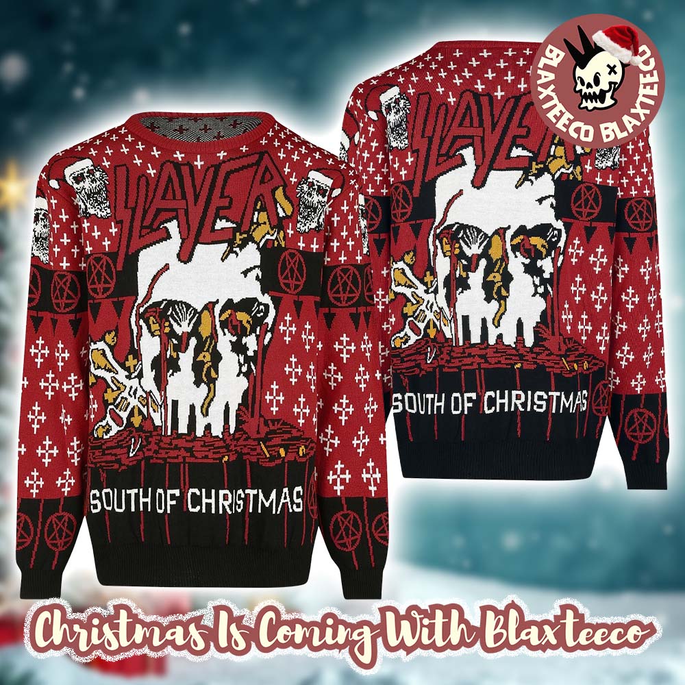 Slayer Band South Of Christmas Bloody Skull Santa All Over Knitted Christmas Ugly Sweater HG  2025