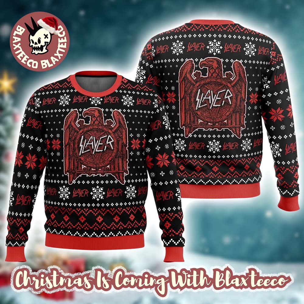 Slayer Big Red Eagle Logo With Snowflakes Pattern Christmas Ugly Sweater HG
