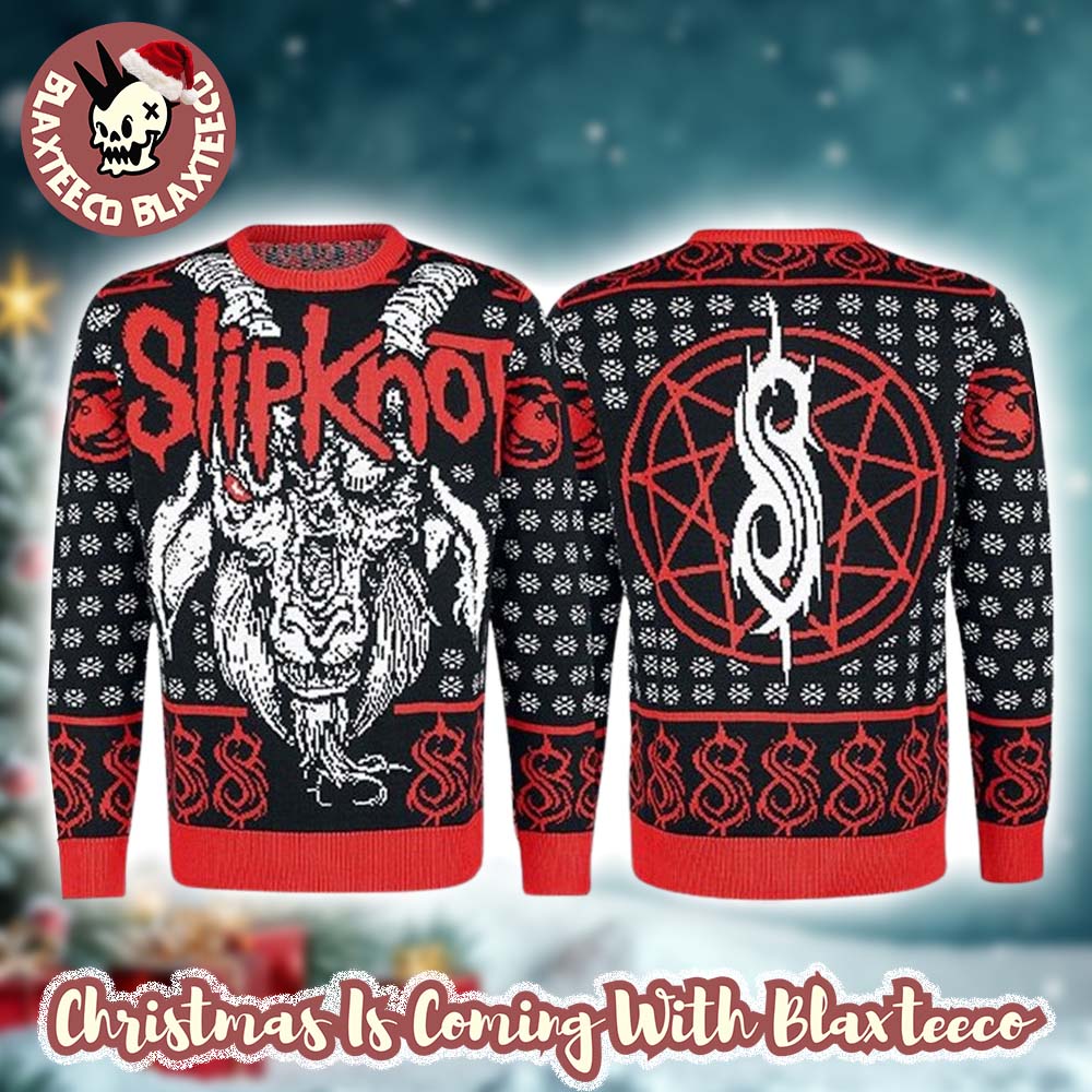 Slipknot Big Logo Goat Face Snowflakes Pattern Knitted Signature Black And Red Ugly Christmas Sweater HG