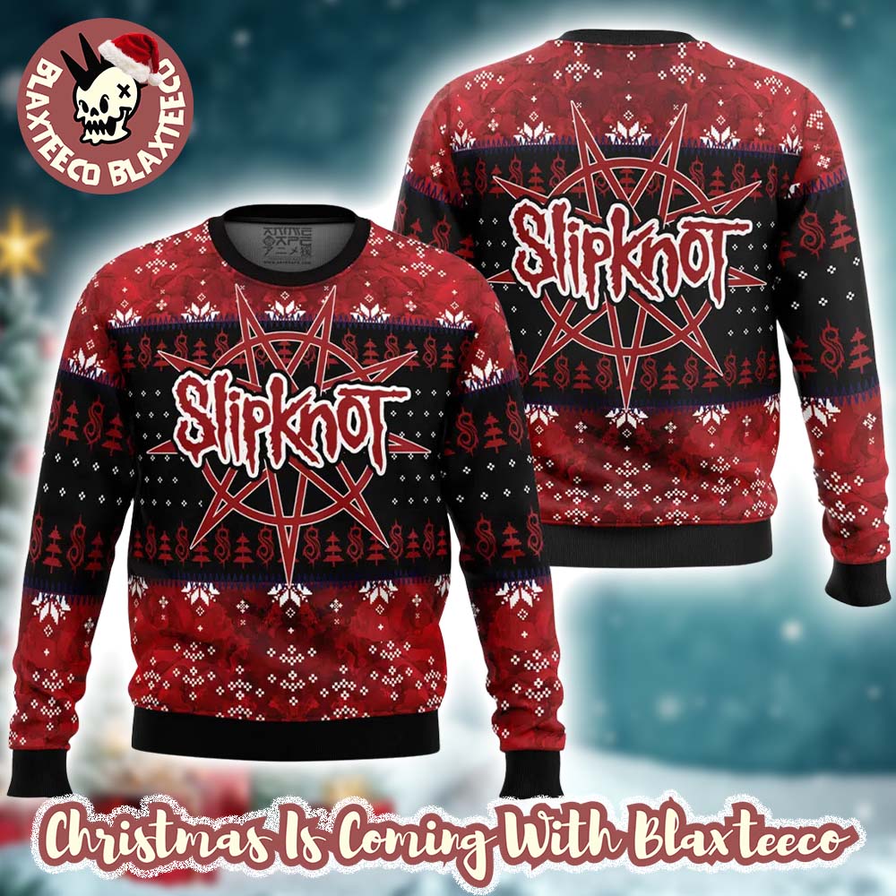 Slipknot Big Logo Night Pointed Star Tribal S Logo Pattern Knitted Black And Red Ugly Christmas Sweater HG