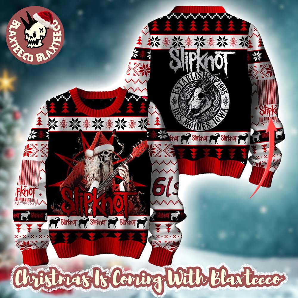 Slipknot Established 1995 Des Moines Iowa Skeleton Santa Playing Guitar Personalized Christmas Ugly Sweater HG