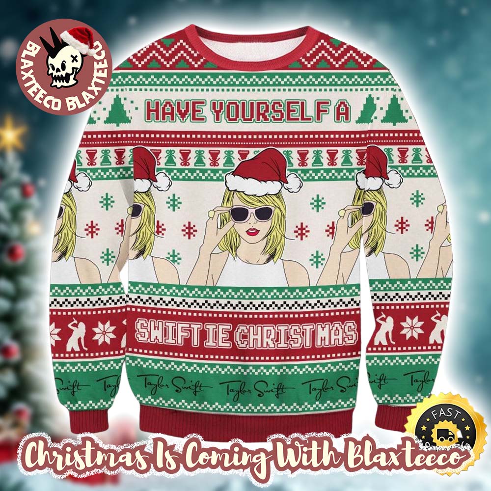 Taylor Swift Have Yourself A Swiftie Christmas Taylor With Santa Hat Retro Style Knitted Ugly Christmas Sweater HG