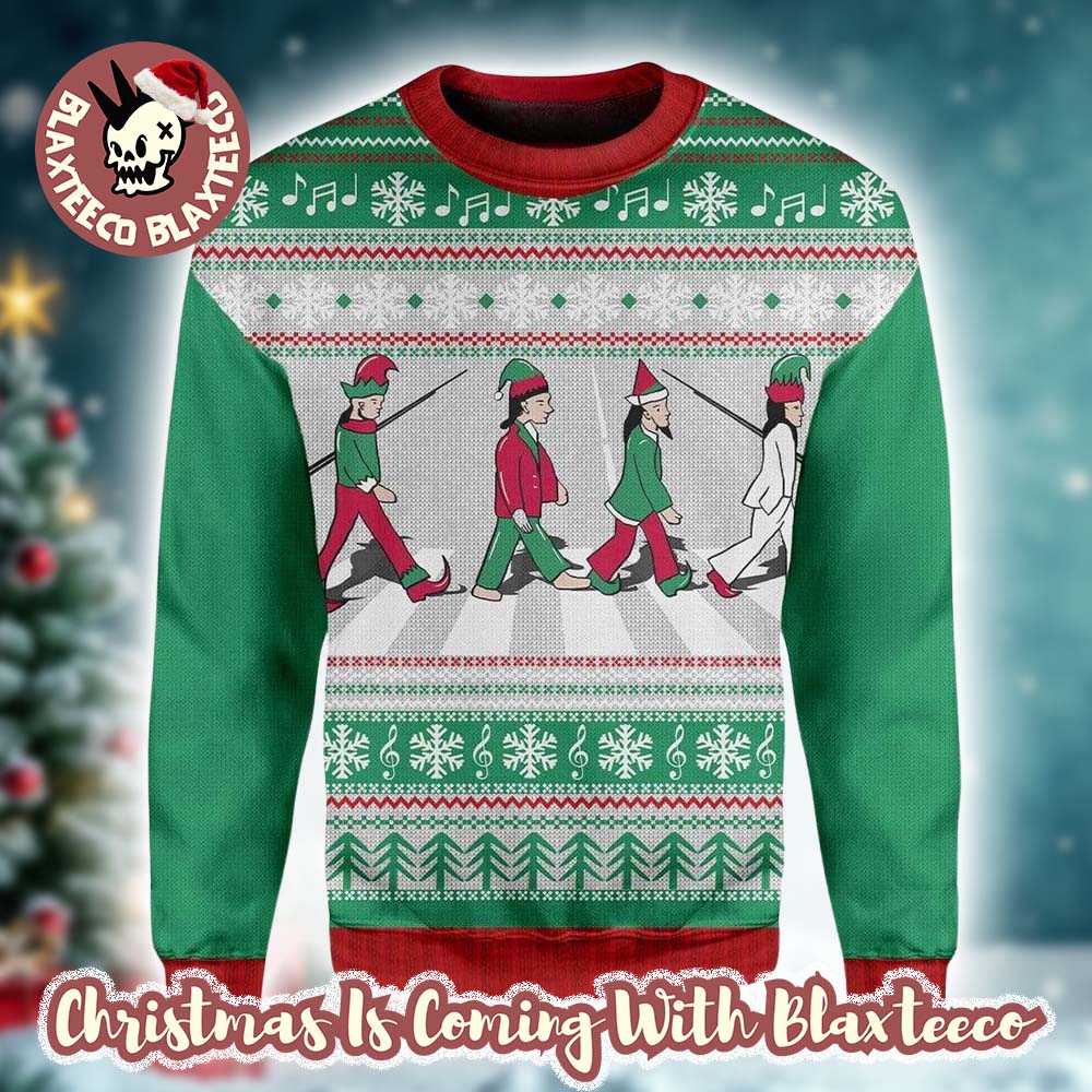 The Beat   les Abbey Road Band Member As Elf Green And Red Knitted Ugly Christmas Sweater HG