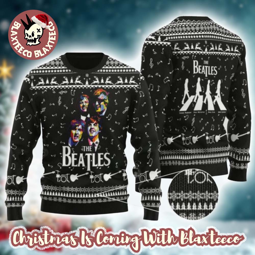 The Beat   les Band Graphic With Music Notes Pattern Black Ugly Christmas Sweater HG
