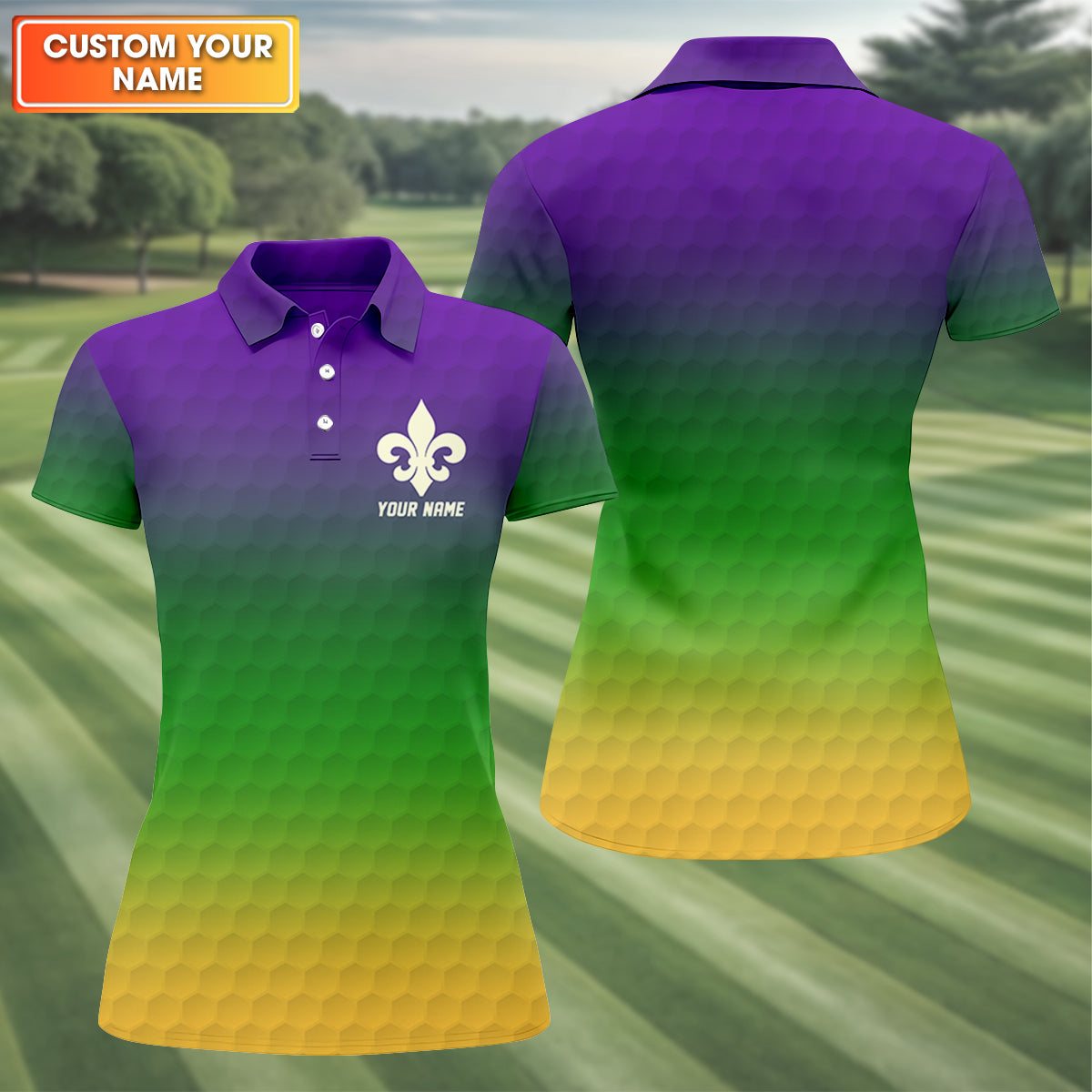 Purple Green Gold Golf Ball Pattern Mardi Gras HFN Polo Golf Shirt Gift For Men Women