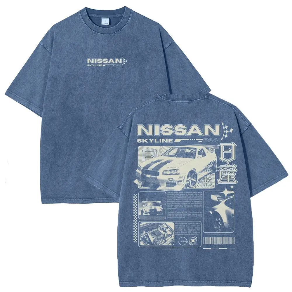 Vintage JDM Sports Car Graphic Washed Denim T-Shirt HG Skyline Men's Graphic Tees Streetwear Outfits Men Vacation Outfits Oversized Tshirt Men,back to school,back to school shopping,sohochic