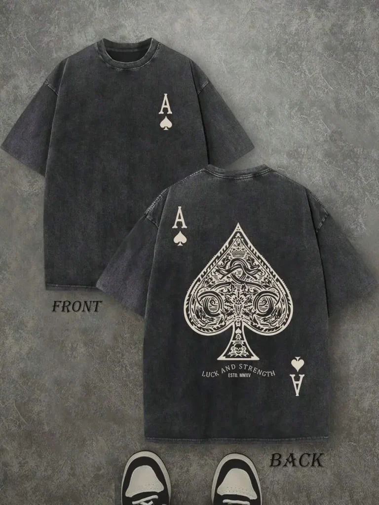 Vintage Ace of Spades T-Shirt, HG Washed Black Cotton Oversized Short Sleeve Tee, Retro Poker Card Graphic Casual Crewneck Shirt for Men Women
