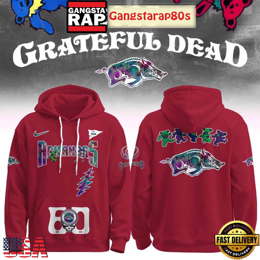 Arkansas Razorbacks Grateful Dead 60 Years 2025 T-Shirt Hoodie Or Zip-up Hoodie LN