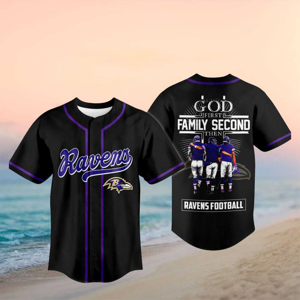 Baltimore Football God First Family Second Baseball Jersey HG Baltimore Ravens Merch Fan Gifts