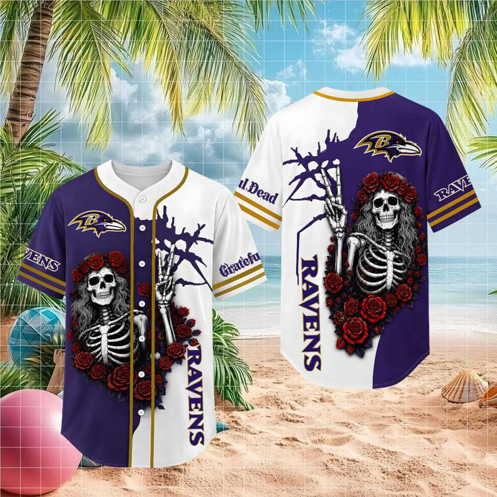 Baltimore Ravens Grateful Dead Skull Rose Baseball Jersey HG Baltimore Ravens Merch Gifts For Fans