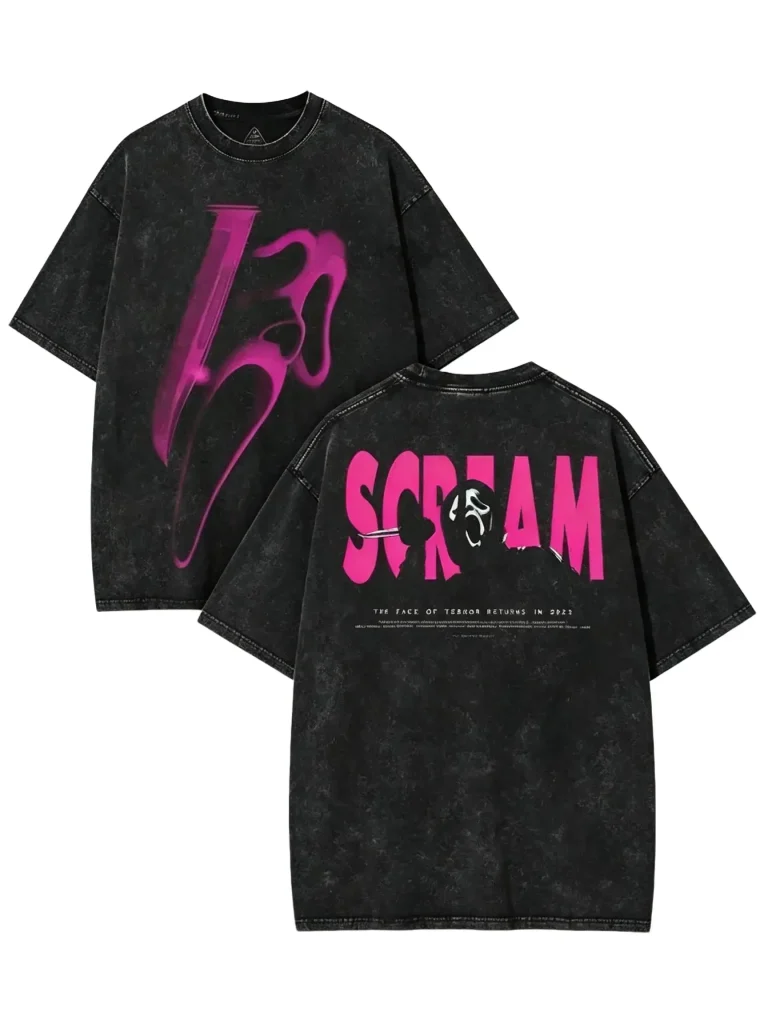 Women's Vintage Washed Cotton Graphic Print T-Shirt, HG Round Neck Short-Sleeve, Oversized Dark Horror Streetwear, Acid Wash Black Anime-Inspired Casual Loose-Fit Summer Top
