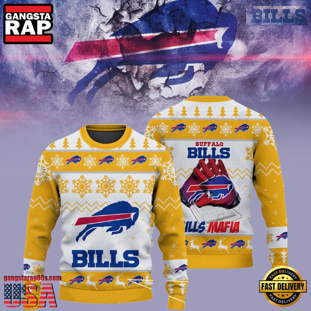 Buffalo Bills Bills Mafia NFL Yellow White Christmas Ugly Sweater LN